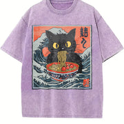Retro Cat Eating Ramen 90s Vintage Washed T-Shirt in Purple