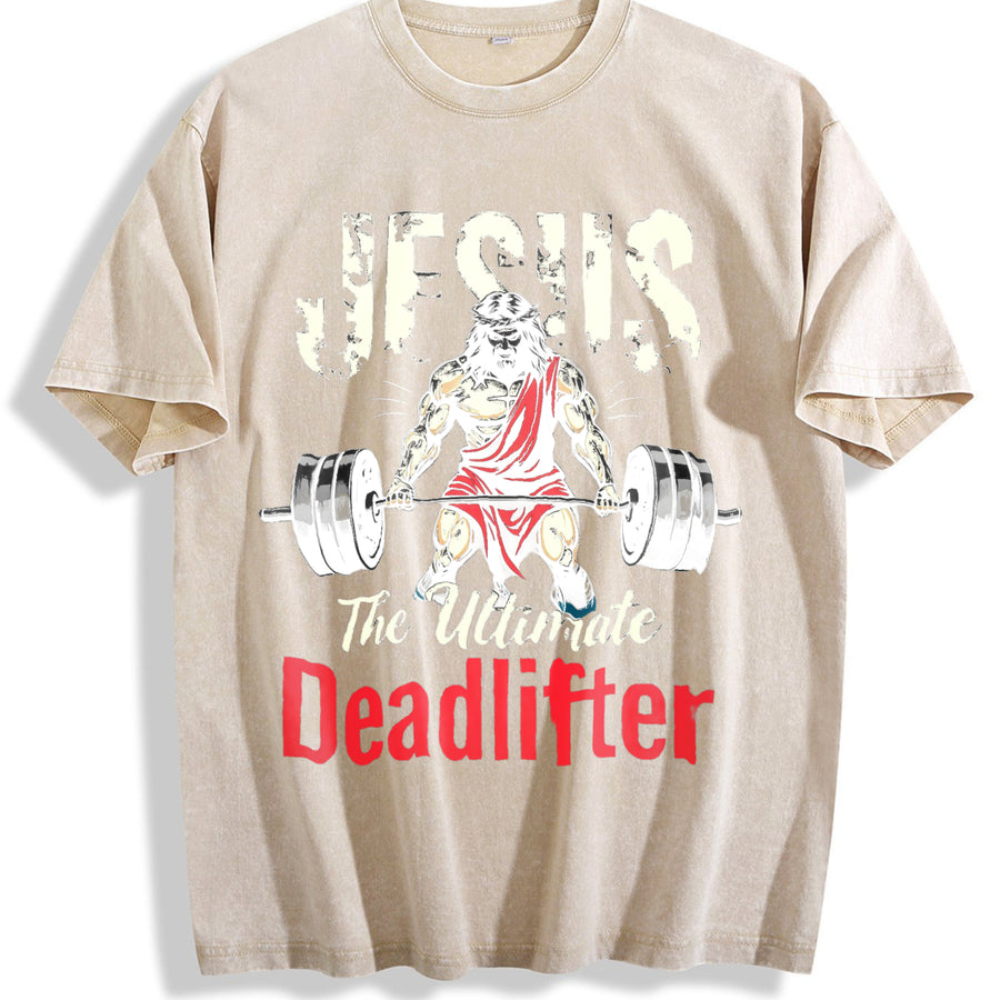 Jesus the Ultimate Deadlifter Vintage Washed T-Shirt in Beige