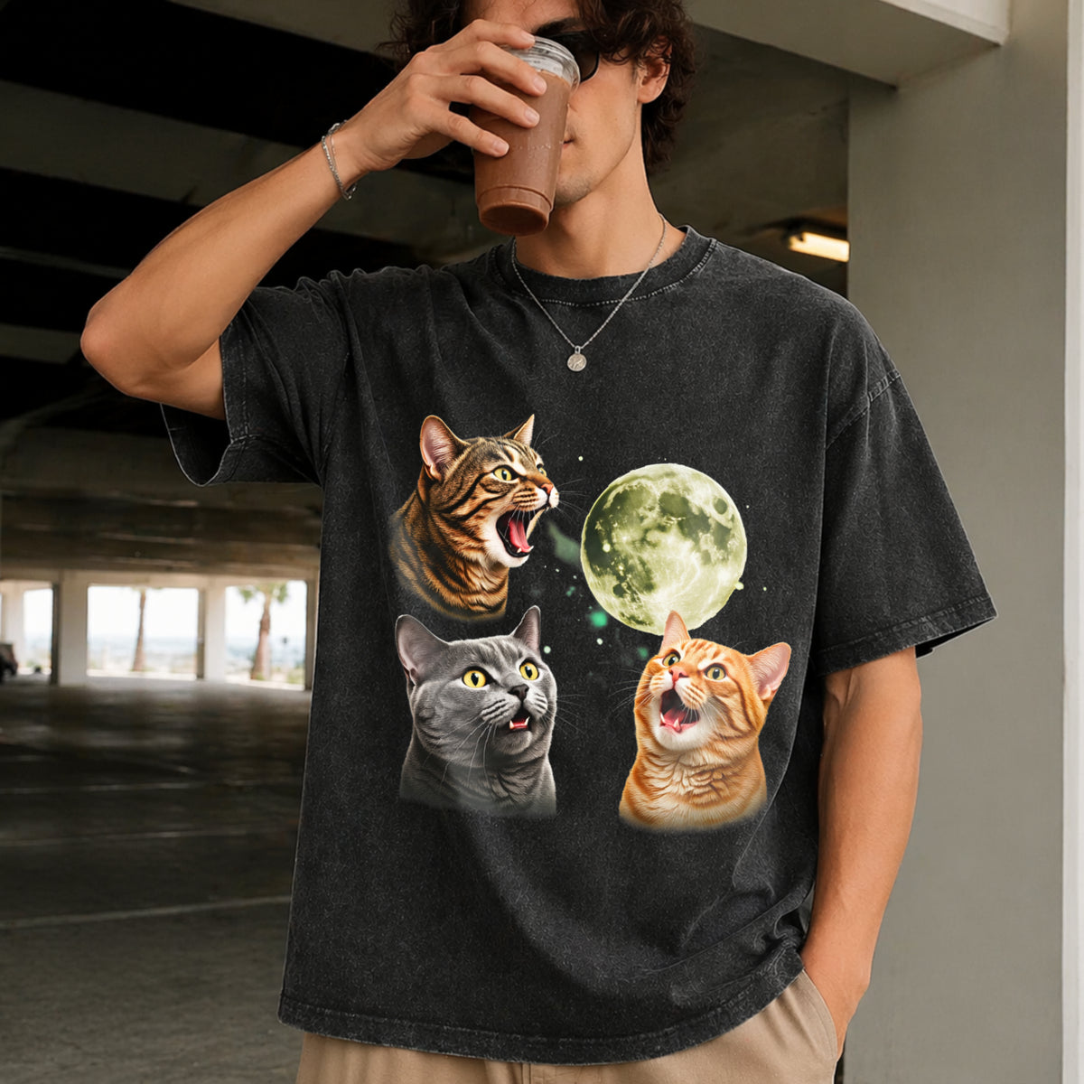 Three Cats Retro Moon Vintage Washed T-Shirt in Black
