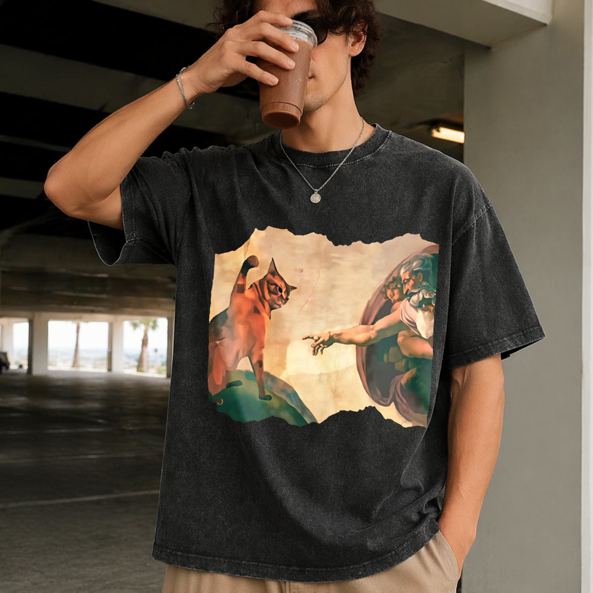 Cat Swatting God's Hand Parody Cat the Divine Swipe Vintage Washed T-Shirt in Black