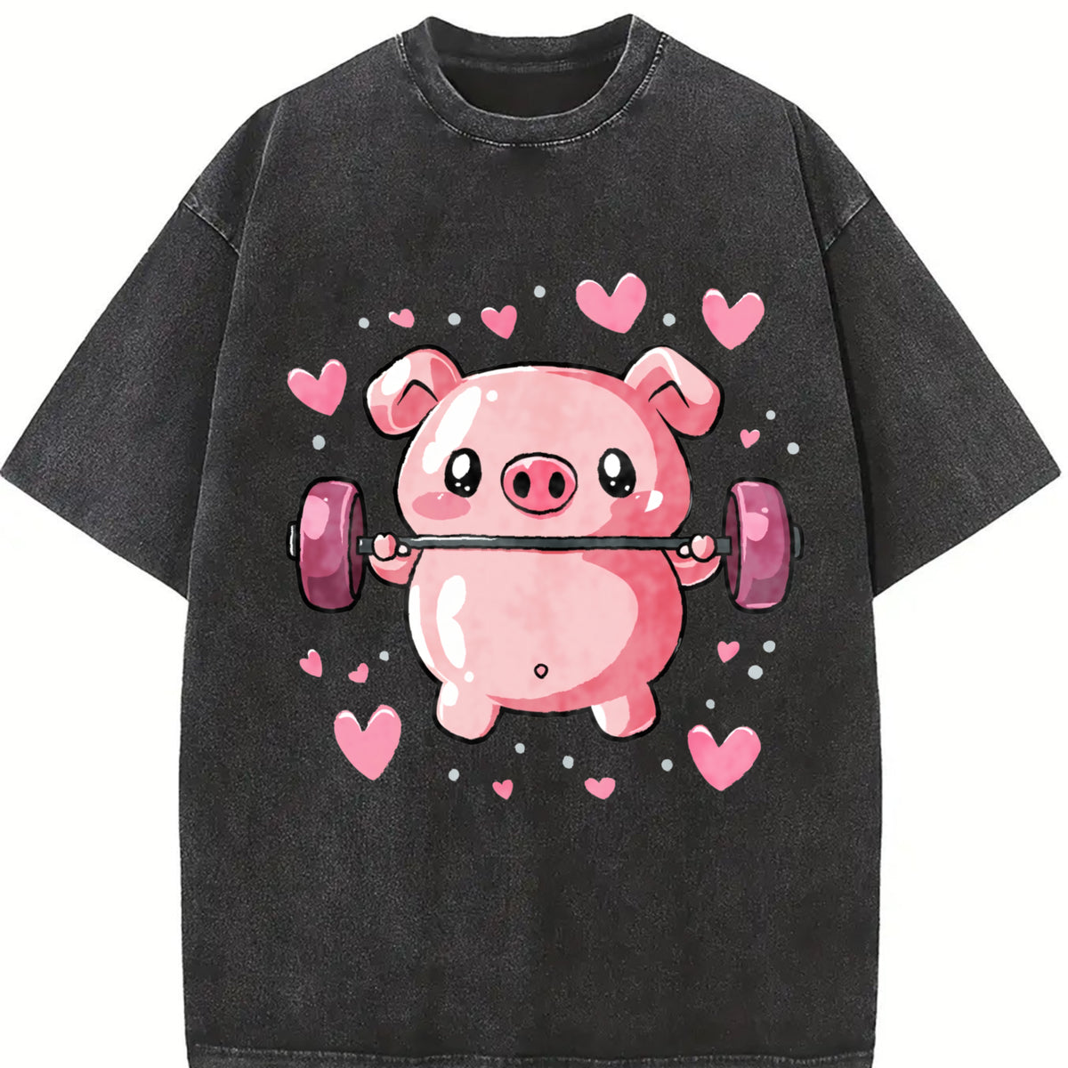 Cute Pig Lifting Barbell Heart Vintage Washed T-Shirt in Black