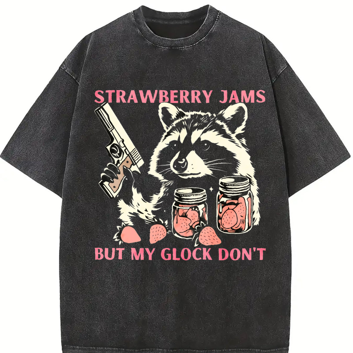 Cute Raccoon with Strawberry Jams and PewPew Protection Vintage Washed T-Shirt in Black