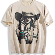 Boho Woman Hat Western Cowgirl Vintage Washed T-Shirt in Beige
