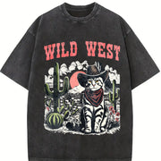 Retro Wild West Cowboy Cat Vintage Washed T-Shirt in Black