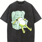 1pc Frog Sitting Sofa Vintage Washed T-Shirt in Black