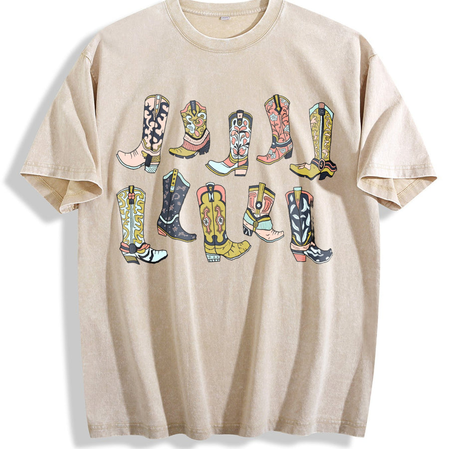 Colorful Cowboy Boots Western Cowgirl vintage washed oversized T-shirt in Beige