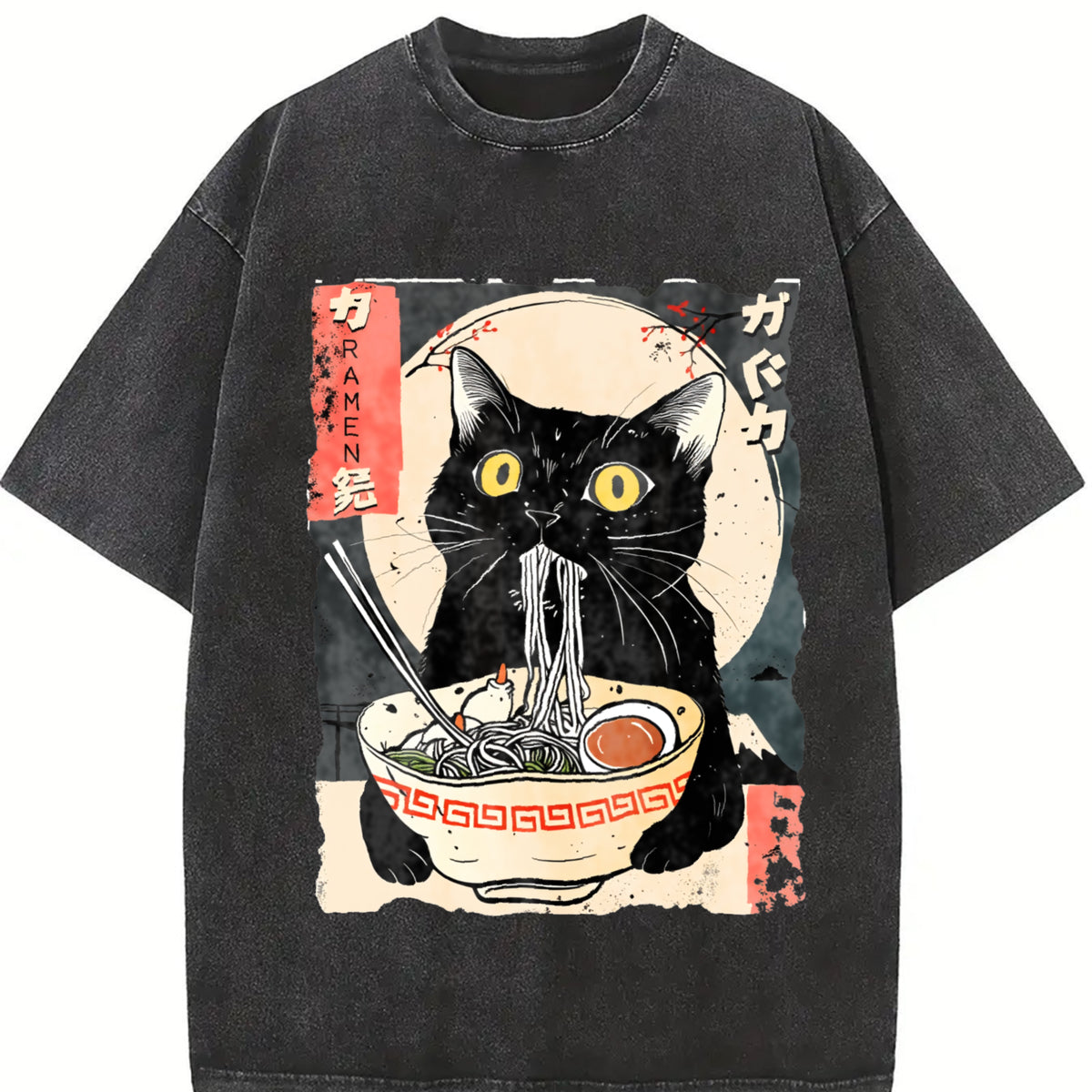 Ramen Cat vintage washed oversized T-shirt in Black