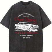 Retro Race Car Praise Courage Stay Wild Racing Letter Vintage Washed T-Shirt in Black