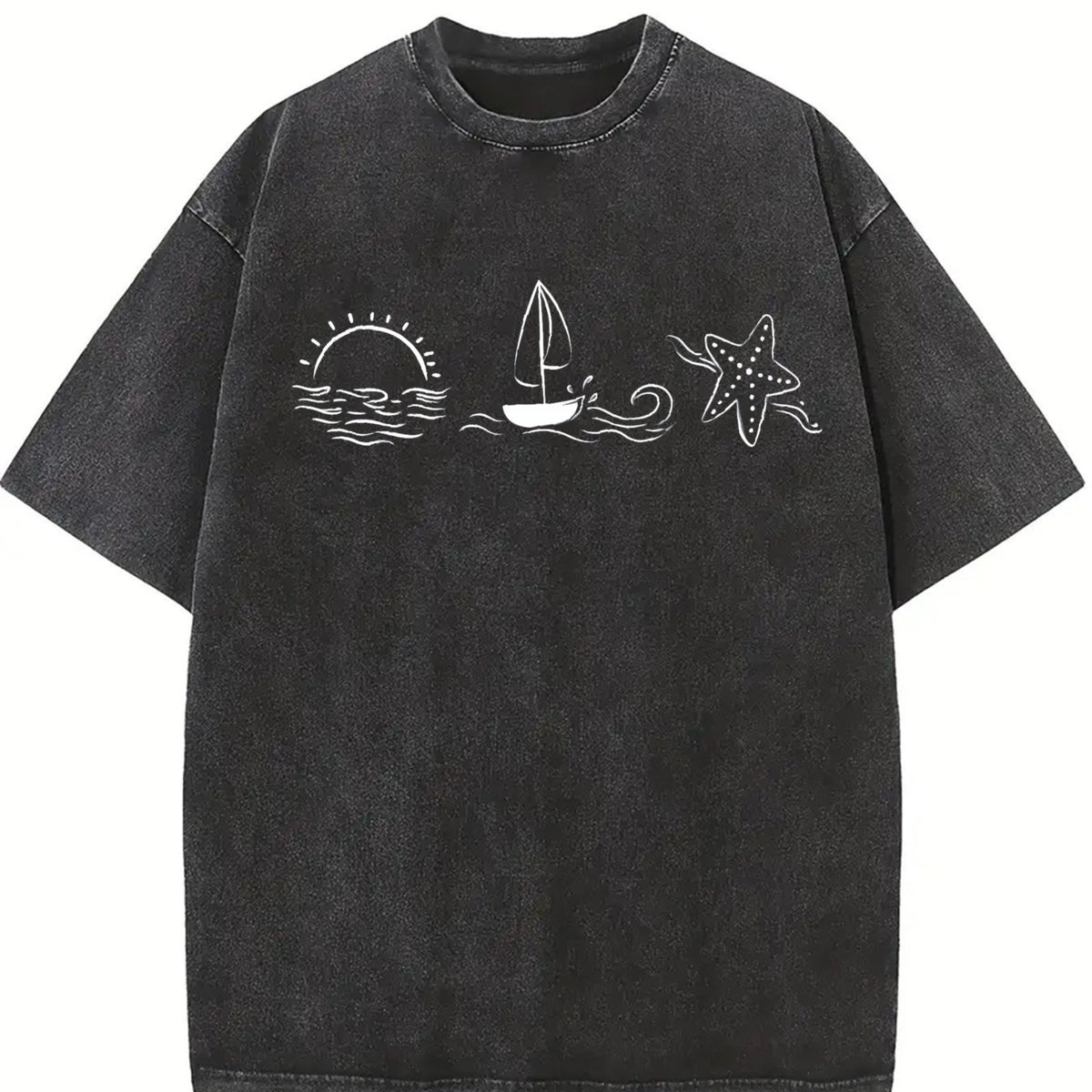 Ocean Sail ® 90s Retro Sea Shell Beach Vintage Washed T-Shirt in Black