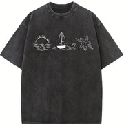 Ocean Sail ® 90s Retro Sea Shell Beach Vintage Washed T-Shirt in Black