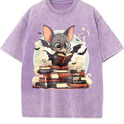 A Playful of a Bespectacled Bat Reading a Magic Book Vintage Washed T-Shirt in Purple