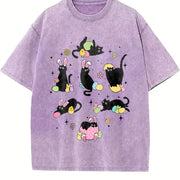 Easter: Black Cat with Bunny Ears in Various Poses Vintage Washed T-Shirt in Purple
