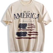 America the Beautiful EST 1776 Distressed Flag Double Vintage Washed T-Shirt in Beige