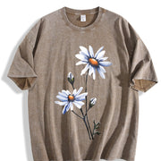 White Daisy Flowers Vintage Washed T-Shirt in Brown