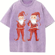Retro Christmas Elves Teenager Vintage Washed T-Shirt in Purple