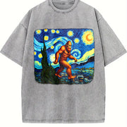 Retro Bigfoot on Starry Night 90s Vintage Washed T-Shirt in Gray