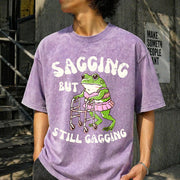 Sagging but Still Gagging Frog Cringe Meme Vintage Washed T-Shirt in Purple