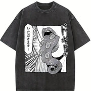 Japanese Anime Tentacle Sleeveless Tank Vintage Washed T-Shirt in Black