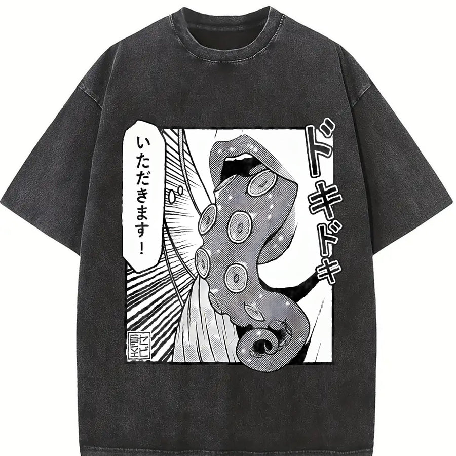 Japanese Anime Tentacle Sleeveless Tank Vintage Washed T-Shirt in Black