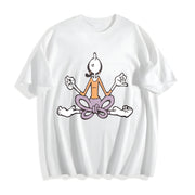 Autumn Cartoon Yoga Meditating Cotton T-Shirt in White
