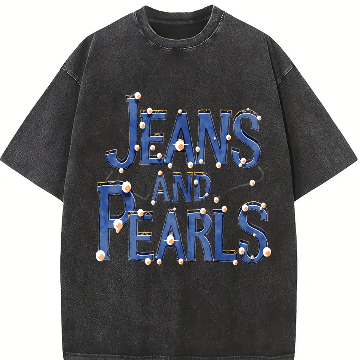 Pearl Patterned Round-neck Loose Vintage Washed T-Shirt in Black