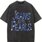 Pearl Patterned Round-neck Loose Vintage Washed T-Shirt in Black