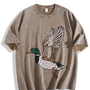Embroidered Duck Animal Lover Vintage Washed T-Shirt in Brown