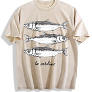 Retro La Sardine Sardines Vintage Washed T-Shirt in Beige