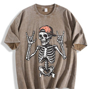 Rock and Roll Skeleton Vintage Washed T-Shirt in Brown
