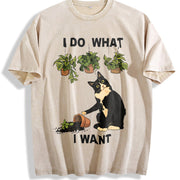 I Do What I Want Cat Vintage Washed T-Shirt in Beige