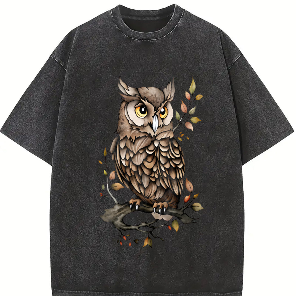 Animal Cartoon Owl 1pc Vintage Washed T-Shirt in Black