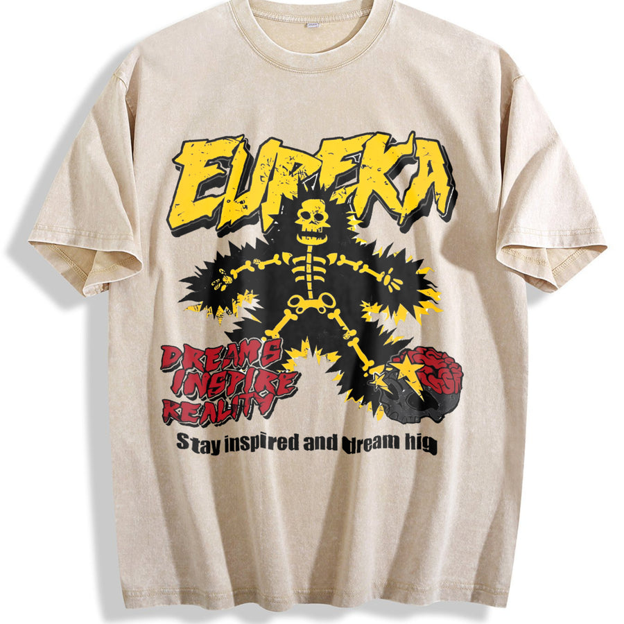 Eureka Skeleton Lightening Bolt Sleeveless Tank Vintage Washed T-Shirt in Beige