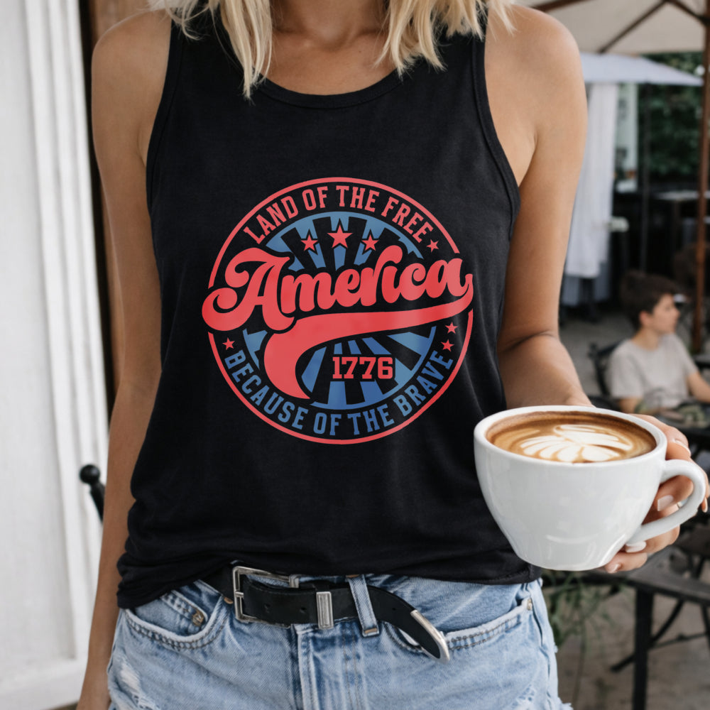 Land of the Free Because of the Brave Women's Color Cotton Tank Top in Black