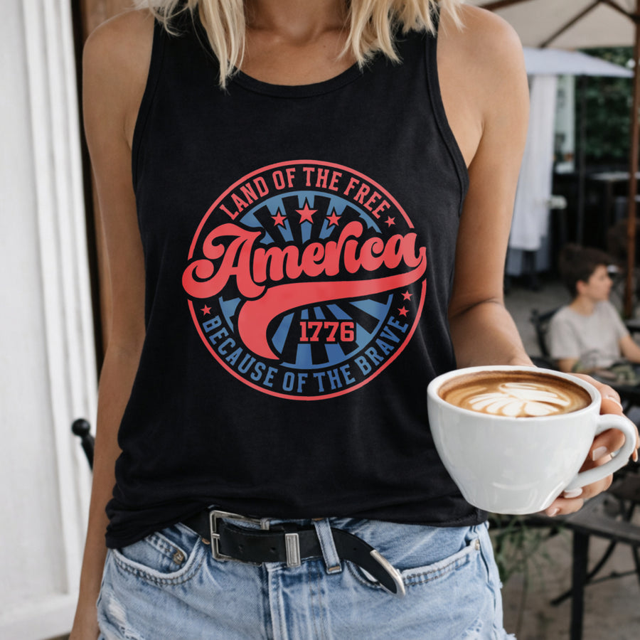 Land of the Free Because of the Brave Women's Color Cotton Tank Top in Black