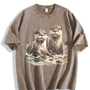 Two River Otters Wilderness 90s Vintage Washed T-Shirt in Brown