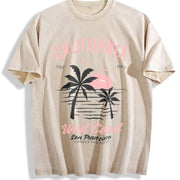 California Surf Beach with Palm Trees & Retro Vintage Washed T-Shirt in Beige