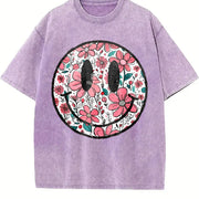 Floral Happy Face Mother's Day for Mom Cute vintage washed oversized T-shirt in Purple