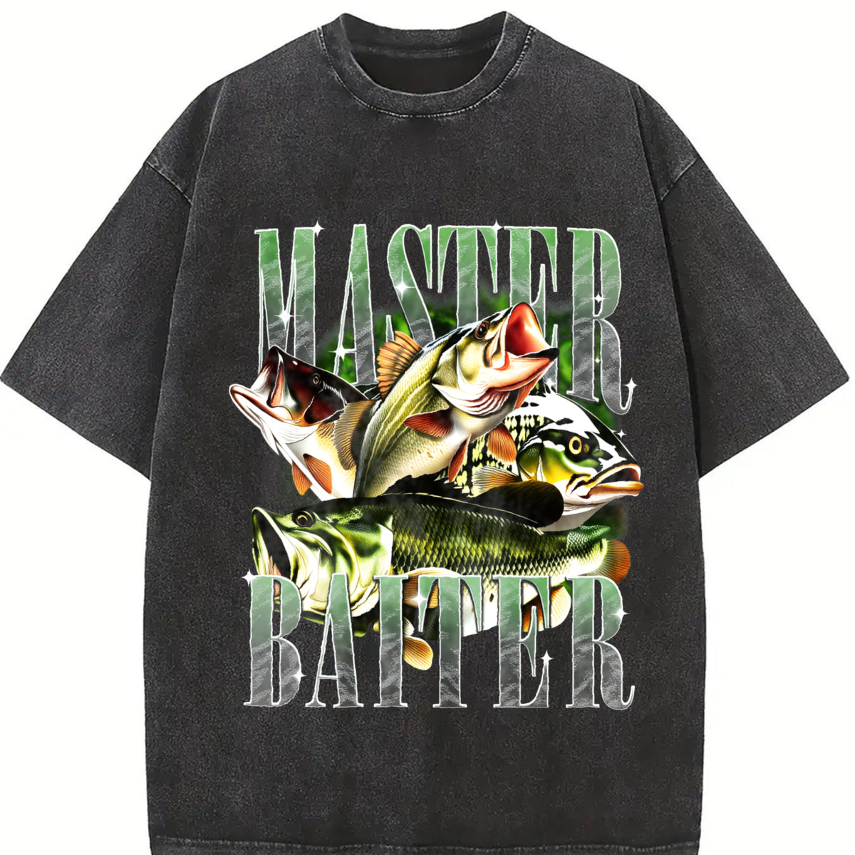 Master Baiter Bass Fishing Fisher Papa Dad Happy Fathers Vintage Washed T-Shirt in Black