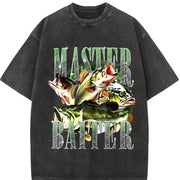 Master Baiter Bass Fishing Fisher Papa Dad Happy Fathers Vintage Washed T-Shirt in Black