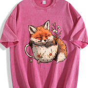 Winter: Little Fox Curled Up in a Floral Teacup Vintage Washed T-Shirt in Red