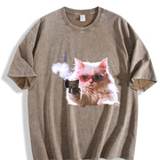 1pcscute Cat T-shirtmen's Vintage Washed T-Shirt in Brown