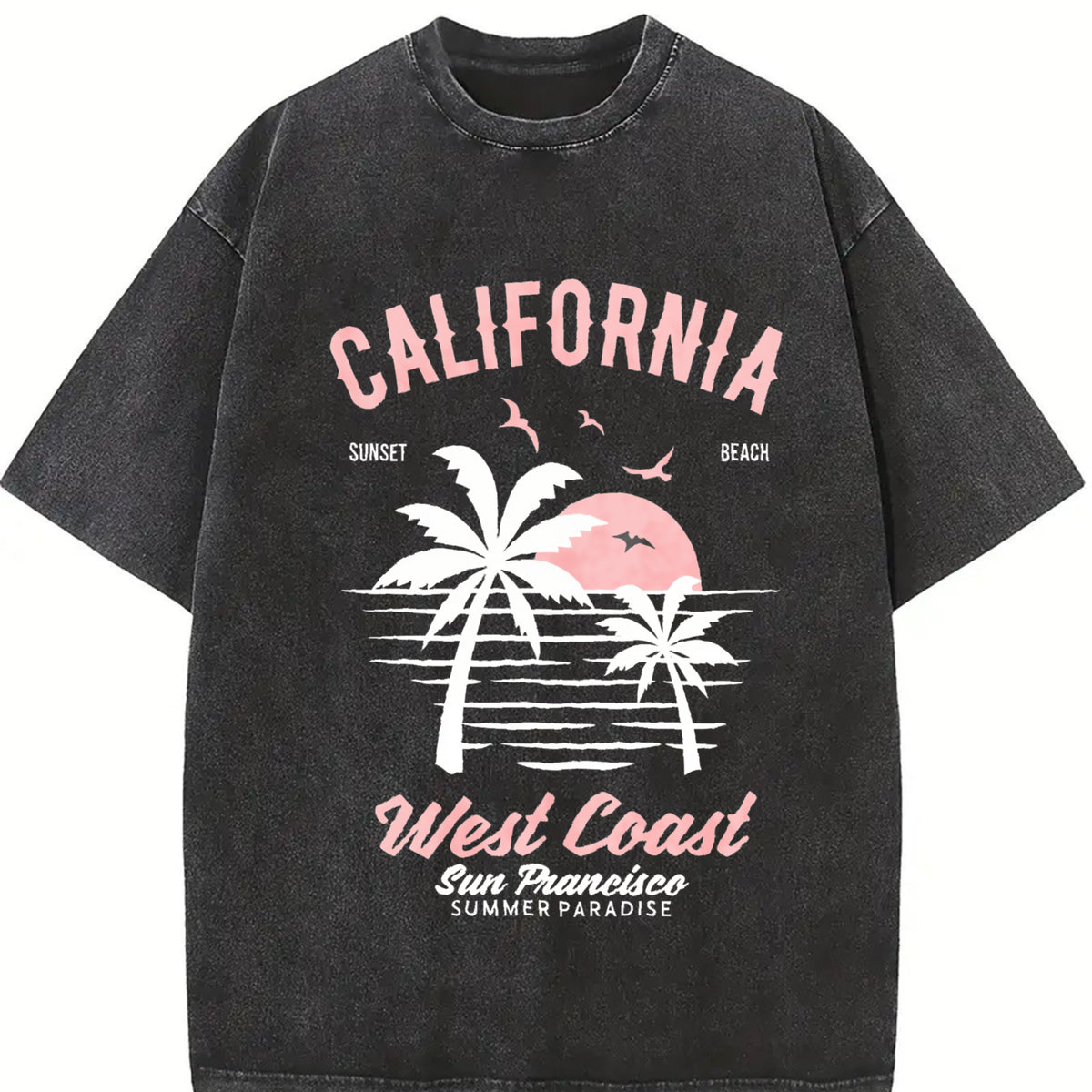 California Surf Beach with Palm Trees & Retro Vintage Washed T-Shirt in Black