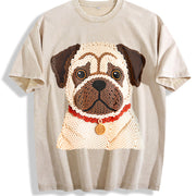 Winter a Pug Round-neck Long-sleeve Vintage Washed T-Shirt in Beige