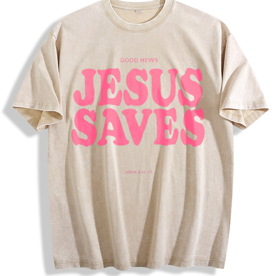 Jesus Saves Christian Gym Pump Cover vintage washed oversized T-shirt in Beige