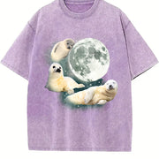 Three Baby Seal Retro Sea Dog Moon Vintage Washed T-Shirt in Purple