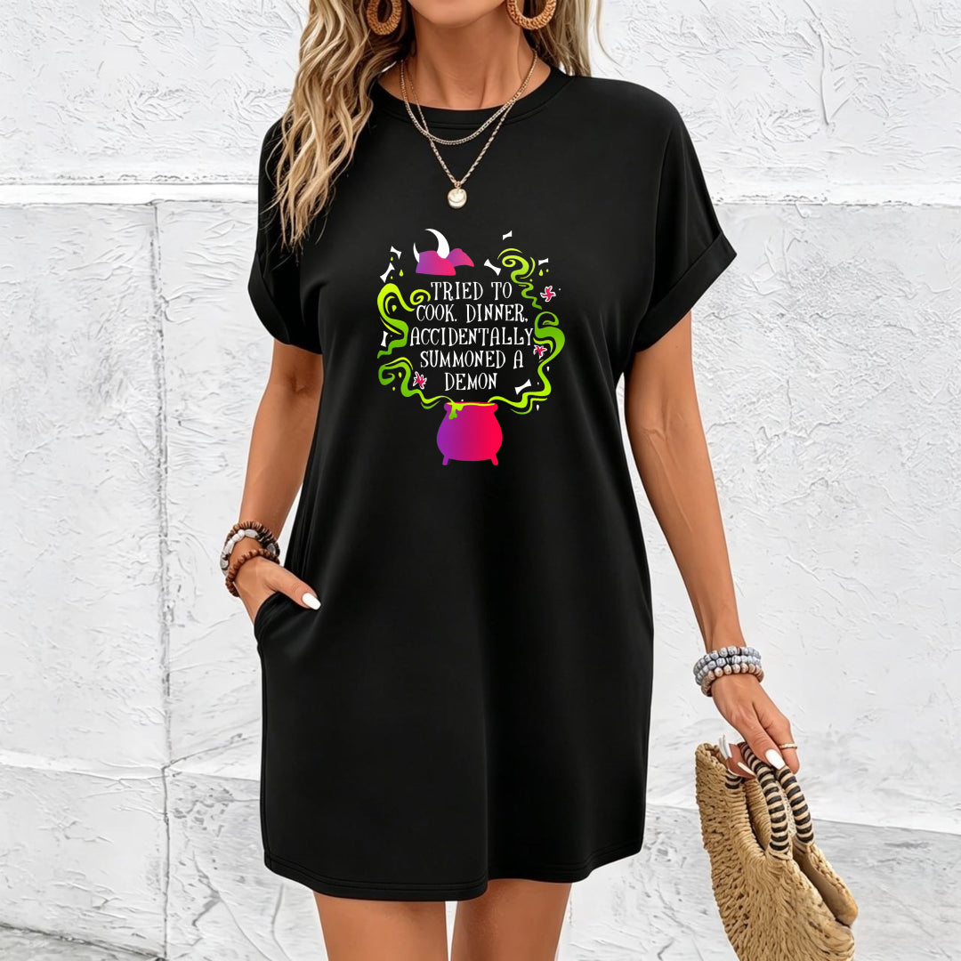 Demon Summoning Dress Cotton T-Shirt in Black