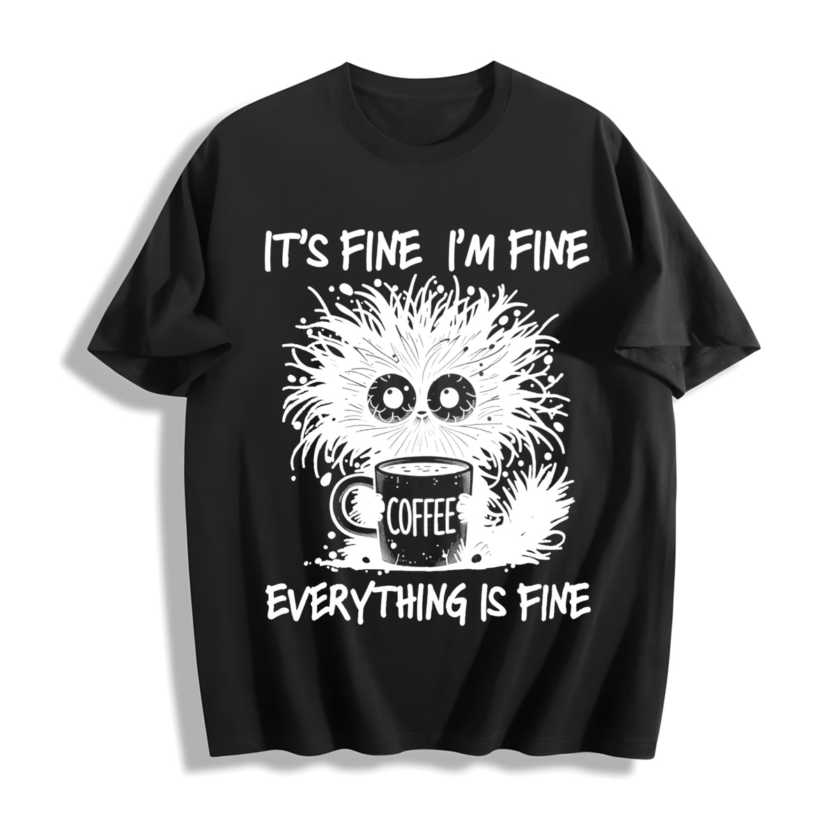 Animal Letter Furry Cat Coffee Cotton T-Shirt in Black