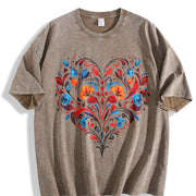 Bohemian Folk Art Heart & Leaf Vintage Washed T-Shirt in Brown