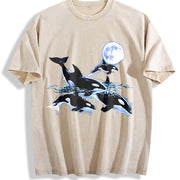 Orca Whale 90s Retro Moonlight Ocean Vintage Washed T-Shirt in Beige