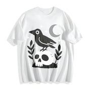 Witchy Crow Skull Moon and Stars Cotton T-Shirt in White
